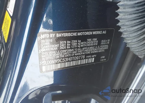 2017 BMW X3 xDrive28I z USA, uszkodzony, nr VIN 5UXWX9C53H0T09778